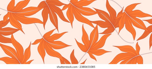 Luxurious autumn maple leaves. Simple forms of leaves, branches in earthy autumn colors. Autumn seasonal wallpaper design for prints, covers, fabrics, banners and wall art.	