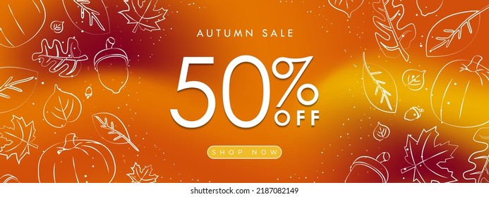 Luxurious Autumn Sale Banner fluid gradient background in fall colors   framed and hand drawn autumn elements  leaves  maple  acorn  pumpkin  Up to 50% off  Editable Vector Illustration  EPS 10