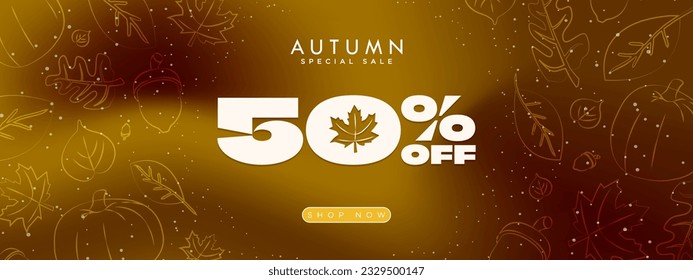 Luxurious Autumn Sale Banner on orange gradient background in fall colors and framed with hand drawn autumn elements, leaves, maple, acorn, pumpkin. Up to 50% off. Vector Illustration. EPS 10