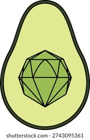 Luxurious Avocado Cut in Half with a Sparkling Green Faceted Gemstone as its Pit, Flat Minimal Vector Illustration