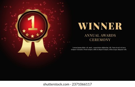 A luxurious background for the annual award with a realistic medal, text, gold sequins on a dark background. For congratulations, victory, success.