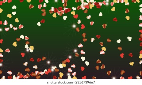Luxurious Background with Confetti of Hearts Glitter Particles. St. Valentine Day. New Year pattern. Light Spots. Explosion of Confetti. Glitter Vector Illustration. Design for Magazine.