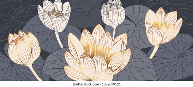 Luxurious background design with golden lotus. Lotus flowers line arts design for wallpaper, natural wall arts, banner, prints, invitation and packaging design. vector illustration.