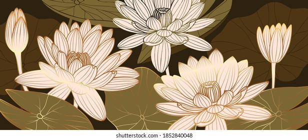 Luxurious background design with golden lotus. Lotus flowers line arts design for wallpaper, natural wall arts, banner, prints, invitation and packaging design. vector illustration.