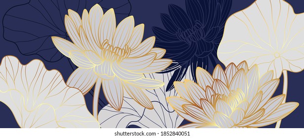 Luxurious background design with golden lotus. Lotus flowers line arts design for wallpaper, natural wall arts, banner, prints, invitation and packaging design. vector illustration.