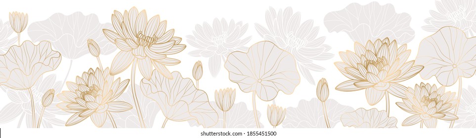 Diseño de fondo de lujo con loto dorado. Diseño de líneas de flores de Lotus para papel pintado, arte de pared natural, banner, impresiones, invitación y diseño de empaque. ilustración vectorial.