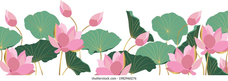 Luxurious background design with golden lotus flowers with leaves, line arts design for wallpaper, natural wall arts, banner, prints, invitation and packaging design.