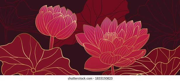 Luxurious background design with pink and golden lotus. Lotus flowers line arts design for wallpaper, natural wall arts, banner, prints, invitation and packaging design. vector illustration.