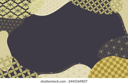 A luxurious background frame material surrounded by gold Japanese pattern decoration on a black background