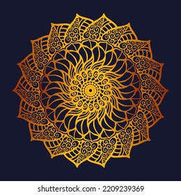 Luxurious background of golden Mandala in ethnic style on a dark blue background. Vector illustration.