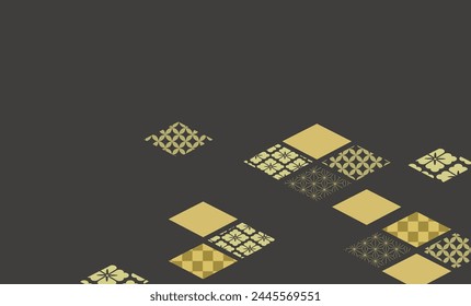Un material de fondo de lujo con decoraciones en forma de diamante en un patrón japonés dorado sobre un fondo negro.