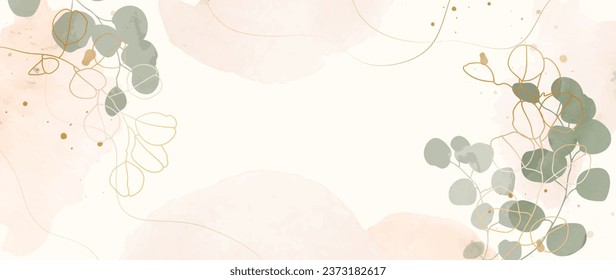 Lujoso fondo de estilo minimalista con líneas doradas, pinceladas de arce acuarela y hojas botánicas, formas orgánicas de eucalipto. Fondo vectorial para banner, afiche, web y embalaje.	