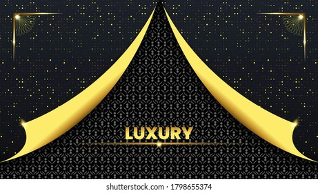 Luxurious background with open curtains decorated with sparkling gold particles and batik pattern