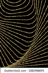 Luxurious background with shiny golden confetti dots, yellow round sequins. Curved lines of golden sand on a black background. Abstract vector pattern, glowing night lights design.