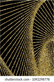 Luxurious background with shiny golden confetti dots, yellow round sequins. Curved lines of golden sand on a black background. Abstract vector pattern, glowing night lights design.