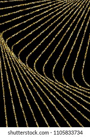 Luxurious background with shiny golden confetti dots, yellow round sequins. Curved lines of golden sand on a black background. Abstract vector pattern, glowing night lights design.
