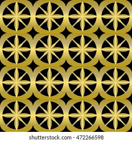 Luxurious background tile with golden 3d patterns on black background. Repeatable elegant geometric square shapes with rounded corners and cross shape inside