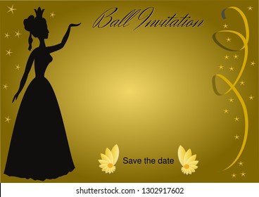 Luxurious ball invitation with vintage lady silhouette on golden gradient background with golden ribbons and small golden stars