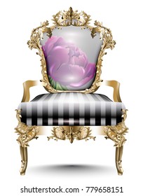 Luxurious Baroque chair soft textile. Vector realistic 3D designs. Golden carved ornaments