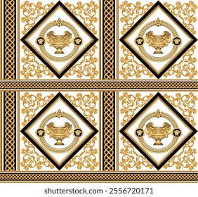 Luxurious baroque pattern with golden ornate elements, vases, and intricate detailing on a white background. Ideal for high-end textiles, wallpapers, and fashion design projects.