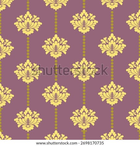 Luxurious, baroque seamless pattern featuring gold floral damask and vertical dots on deep purple.