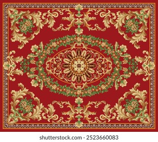 Lujoso diseño de alfombra de inspiración barroca con intrincados rollos de oro, patrones florales y un medallón central sobre un rico fondo rojo. Ideal para proyectos de decoración, Fondos de pantalla y textiles de alta gama