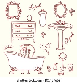 Luxurious Bathroom. Bathroom doodles in vintage, boudoir style