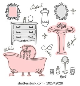 Luxurious Bathroom. Bathroom Doodles In Vintage, Boudoir Style