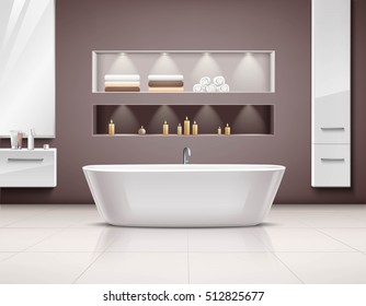 Luxurious bathroom interior realstic design with white bath and accessories vector illustration