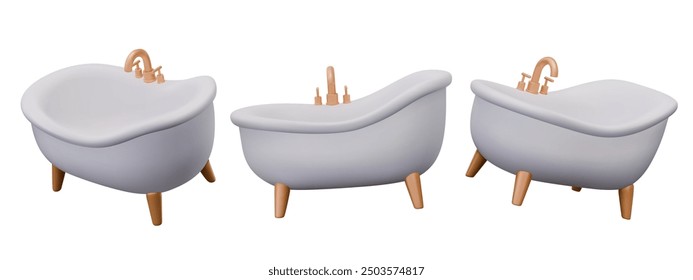 Lujosa bañera en diferentes posiciones. Vector de fontanería sobre fondo blanco