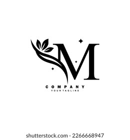 Logotipo de lujo de belleza negro m con decoración floral. letra inicial del monograma m. adecuado para logotipos de belleza, spa, salón, boutique, moda, mujeres, negocios, empresa, naturaleza, etc