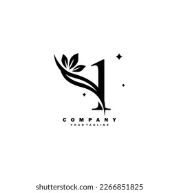 Luxurious beauty black number 1 logo with floral decoration. monogram initial letter 1. suitable for logos of beauty, spa, salon, boutique, fashion, women, business, company, nature, etc