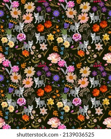 Luxurious bed linen print. Seamless multicolor natural pattern with little kittens playing among the flowers on black background.
