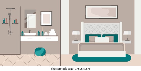 Luxurious bedroom with bathroom in a classic style, large bed with a headboard, bedside table, lamp, shower, sink, towels, mirror. Hotel room suite. Furniture store. Interior design in Art Deco style 