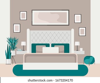 Luxurious bedroom in a classic style, large bed with a headboard, bedside table, lamp. Hotel room suite. Furniture store advertisement. Interior design in art deco style. Housewarming card