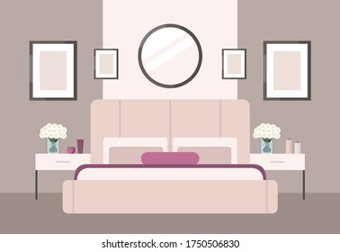 Luxurious bedroom in a classic style, large pink bed with a headboard, bedside table, roses. Hotel room suite. Furniture store advertisement. Interior design in Art Deco style. Housewarming card 