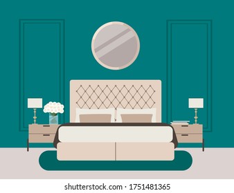 Luxurious bedroom in a classic style, large bed with a headboard, bedside table, vase of flowers. Hotel room suite. Furniture store advertisement. Interior design in Art Deco style. Housewarming card