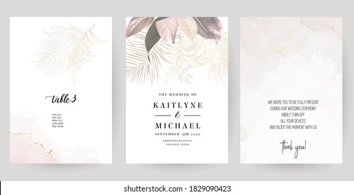 Luxurious beige and blush trendy vector design square frames. Pastel pampas grass, fern, tropical palm leaves. Watercolor brush texture. Wedding cards decoration. Elements are isolated and editable - Shutterstock ID 1829090423