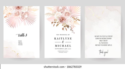 Luxurious beige and blush trendy vector design square frames. Pastel pampas grass, fern, tropical palm leaves. Watercolor brush texture. Wedding cards decoration. Elements are isolated and editable