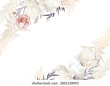 Luxurious beige and blush trendy vector design square frame. Pastel pampas grass, ivory peony, creamy magnolia, dusty rose, silver dried leaves.Wedding card template.Elements are isolated and editable
