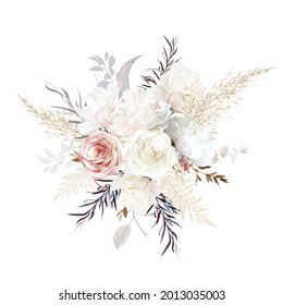 Lujoso ramo de diseño vectorial beige y de moda. pasto pastel, peonía marfil, magnolia cremosa, rosa rosado polvoriento, hojas secas de plata. Floral de bodas.Los elementos son aislados y editables