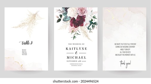 Luxurious beige and blush trendy vector design frames. Pastel pampas grass, fern, magnolia, dusty pink rose, peony flowers. Watercolor brush texture. Wedding cards. Elements are isolated and editable