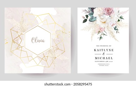 Marcos de diseño vectorial lujosos de diseño beige y negro. Pastel de pasto, helecho, magnolia, rosa rosada polvorienta, flores de peonía. Textura del pincel acuarela. Tarjetas de matrimonio. Los elementos están aislados y se pueden editar