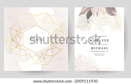 Luxurious beige and blush trendy vector design square frames. Pastel pampas grass, fern, tropical palm leaves. Watercolor brush texture. Wedding cards decoration. Elements are isolated and editable