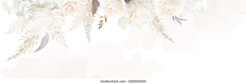 Luxurious Beige And Brown Trendy Vector Design Banner Frame. Pastel Pampas Grass, Fern, White Rose, Peony, Flowers. Watercolor Brush Texture. Wedding Card Decoration.Elements Are Isolated And Editable