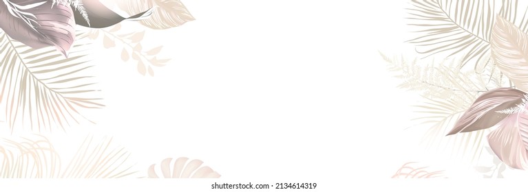 Lujoso marco de banner de diseño vectorial beige y marrón. Pastel de pasto, helecho, hojas tropicales secas. Textura del pincel acuarela. Decoración de tarjetas de bodas.Los elementos son aislados y editables