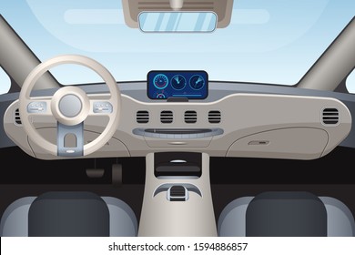 Luxurious beige car interior vector illustration. Dashboard and windshield view from front seats. Control panel and steering wheel in modern automobile. Realistic inside look of high class vehicle