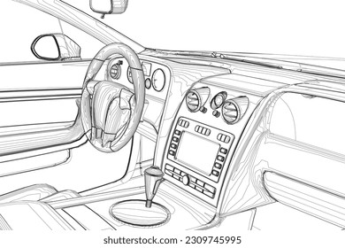 Luxurious beige contour car interior vector illustration. Car outline interior. View from drivers seat..