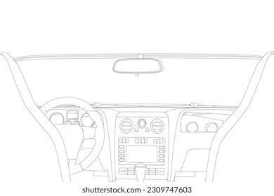 Luxurious beige contour car interior vector illustration. Car outline interior. View from drivers seat..