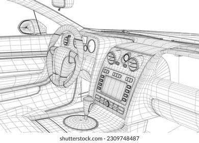 Luxurious beige contour car interior vector illustration. Car outline interior. View from drivers seat..